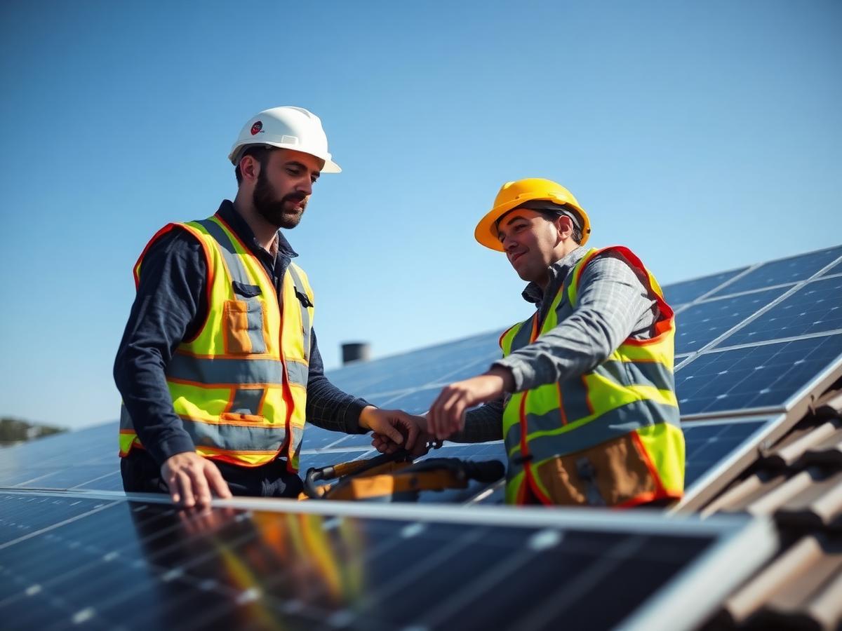 Solar technicians installing rooftop solar panels