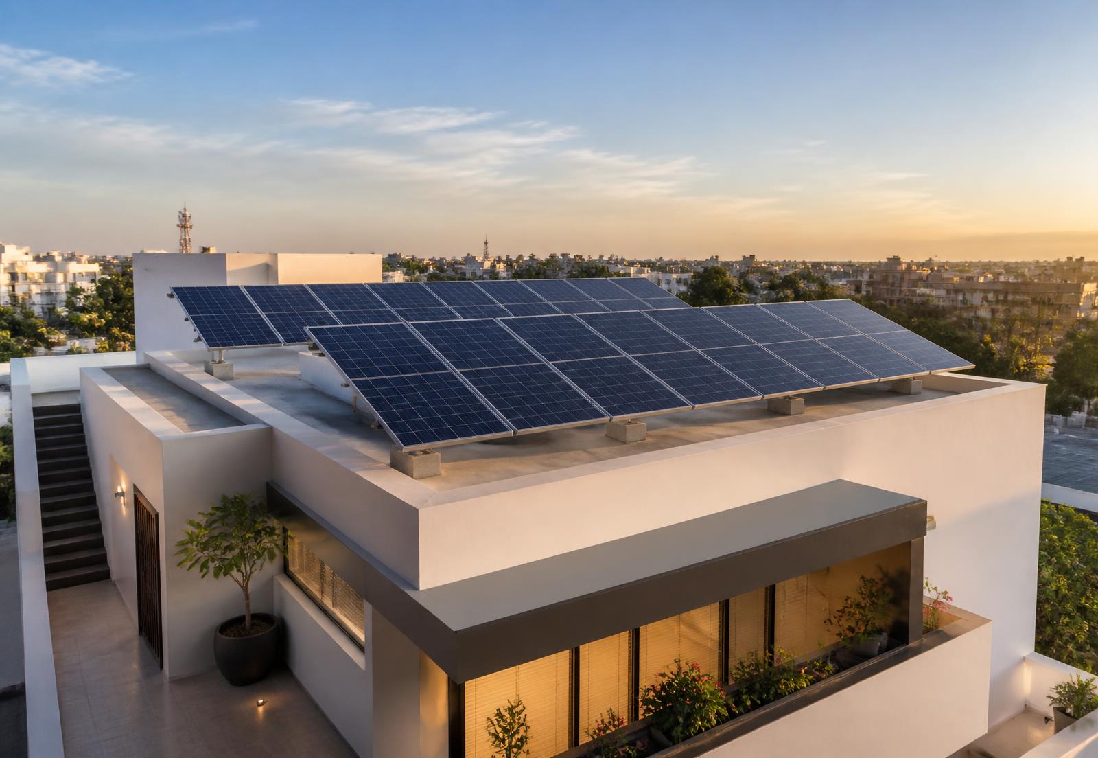 Modern rooftop solar installation on an Indian home at sunset